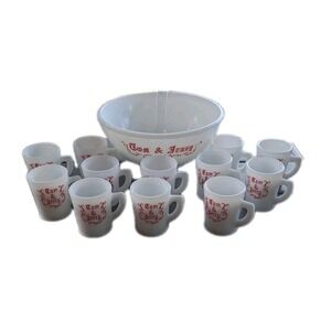 Vtg MCM McKee Tom & Jerry/Egg Nog Complete Set 12 Mugs Milk Glass Red Print EUC